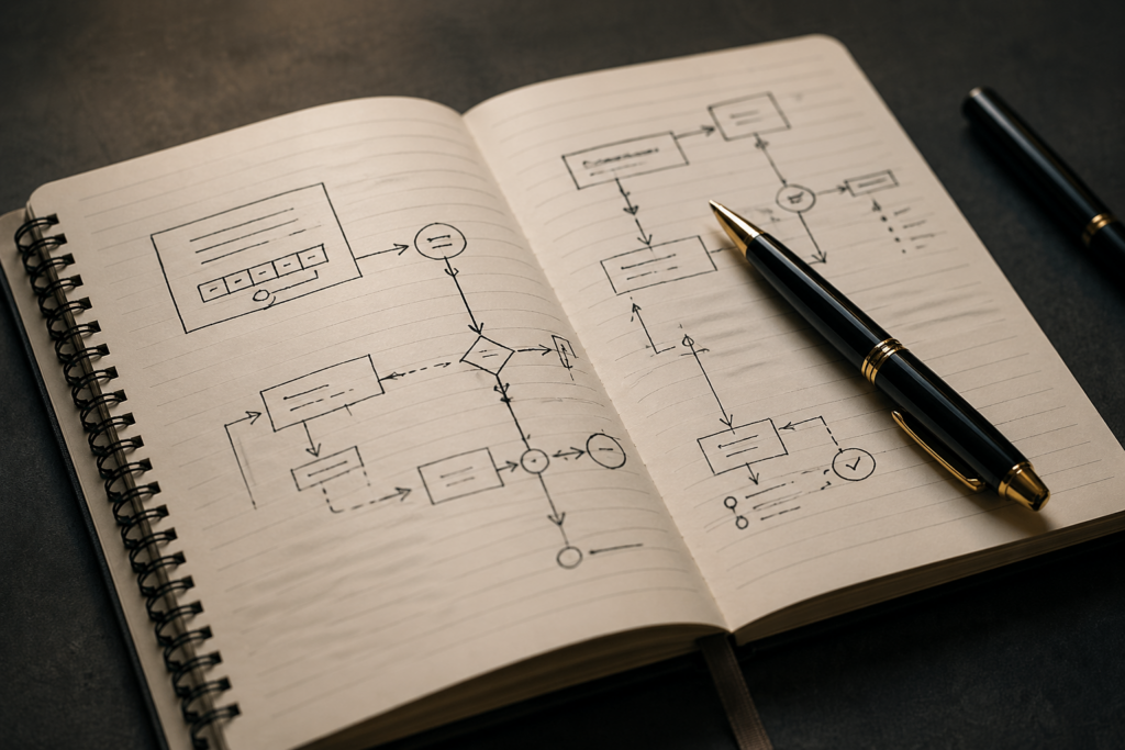 Business deal lifecycle process diagram in notebook representing structured partnership execution and workflow strategy