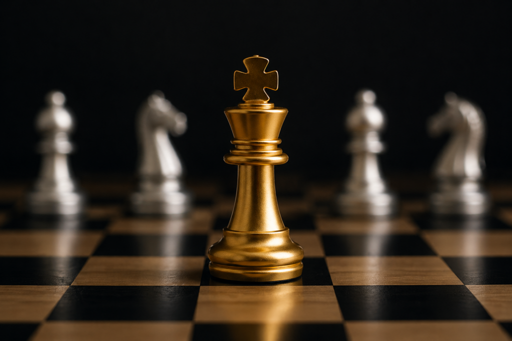 Strategic leadership in digital partnerships represented by chess king symbolizing future growth and market positioning
