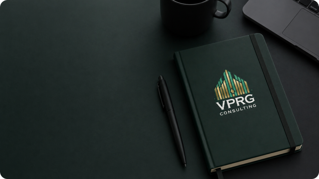 High value partnerships strategy concept with VPRG Consulting notebook representing scalable revenue growth and business collaboration
