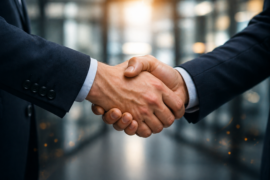 Strategic business partnership handshake between executives representing profitable alliance and revenue growth collaboration